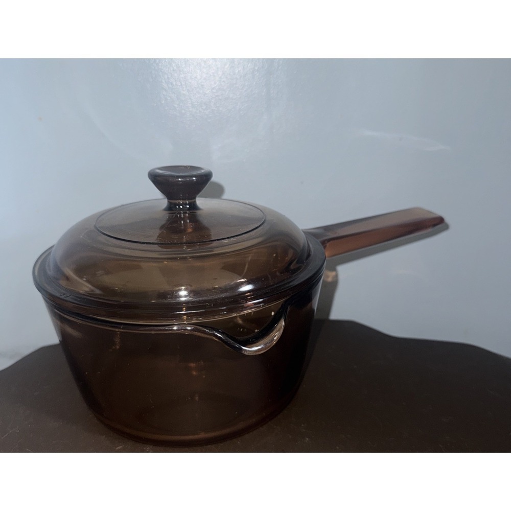 Vtg Corning Vision PYREX  V-1-C  Amber Cookware 1 L Sauce Pan Pot & Lid USA